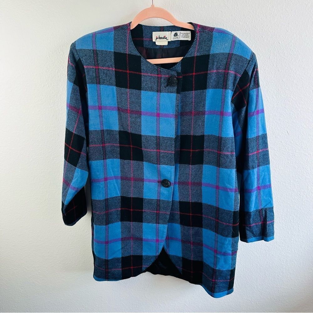 Jo Hardin VTG Blue Black Pink Wool‎ Blend Double Button Jacket Size 8 Flaw